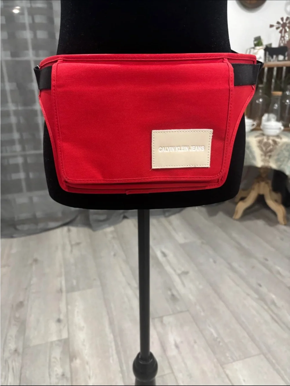 Calvin Klein Jeans Red and Black Messenger Bag with Cream Logo Patch